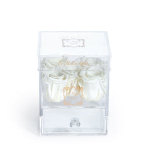 5 White Preserved Roses - Acrylic Box With Drawer