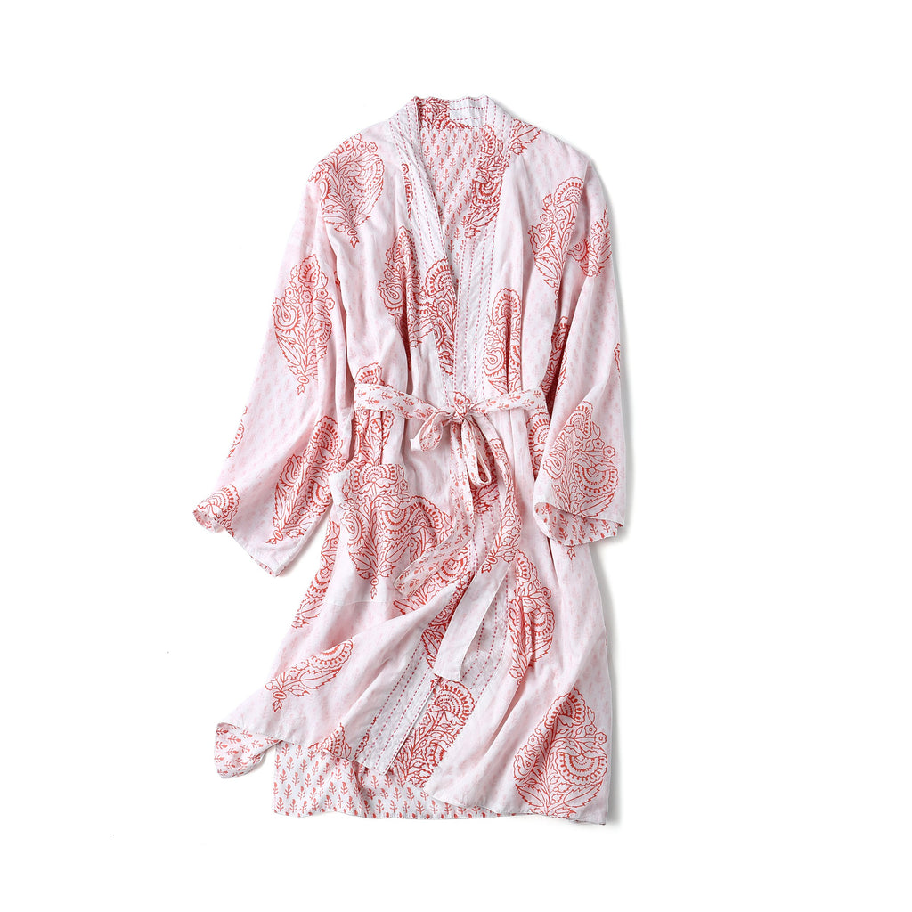 Block-Printed Robe - Pink City Ivory Meleager