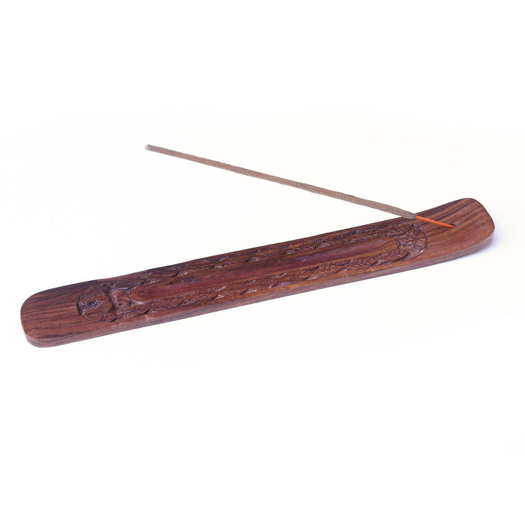 Wooden Flat Carved Leaves Incense Burner -10" Alabaster