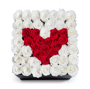 Heart Design Red & White Preserved Roses - Large Square Luxury Black