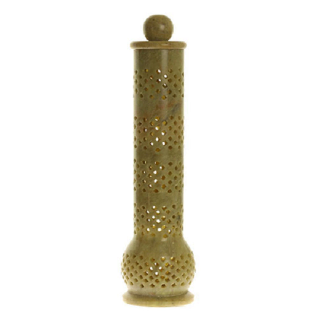 Soapstone Tower Genie cutwork carved Incense Burner - 10" Alabaster