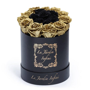 Gold Preserved Roses Around a Center Black Roses - Medium Round Black