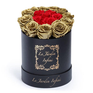 Gold Preserved Roses Around Red Roses - Medium Round Black Box