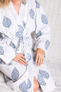 Block Printed Reversible Blue Robe - Fort Ivory Meleager