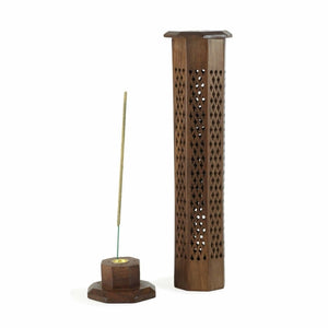 Wooden Decorative Handcarved Tower Incense Burner -12" Alabaster