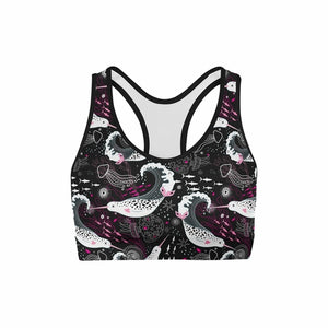 Pink and White Narwhals Sports Bra